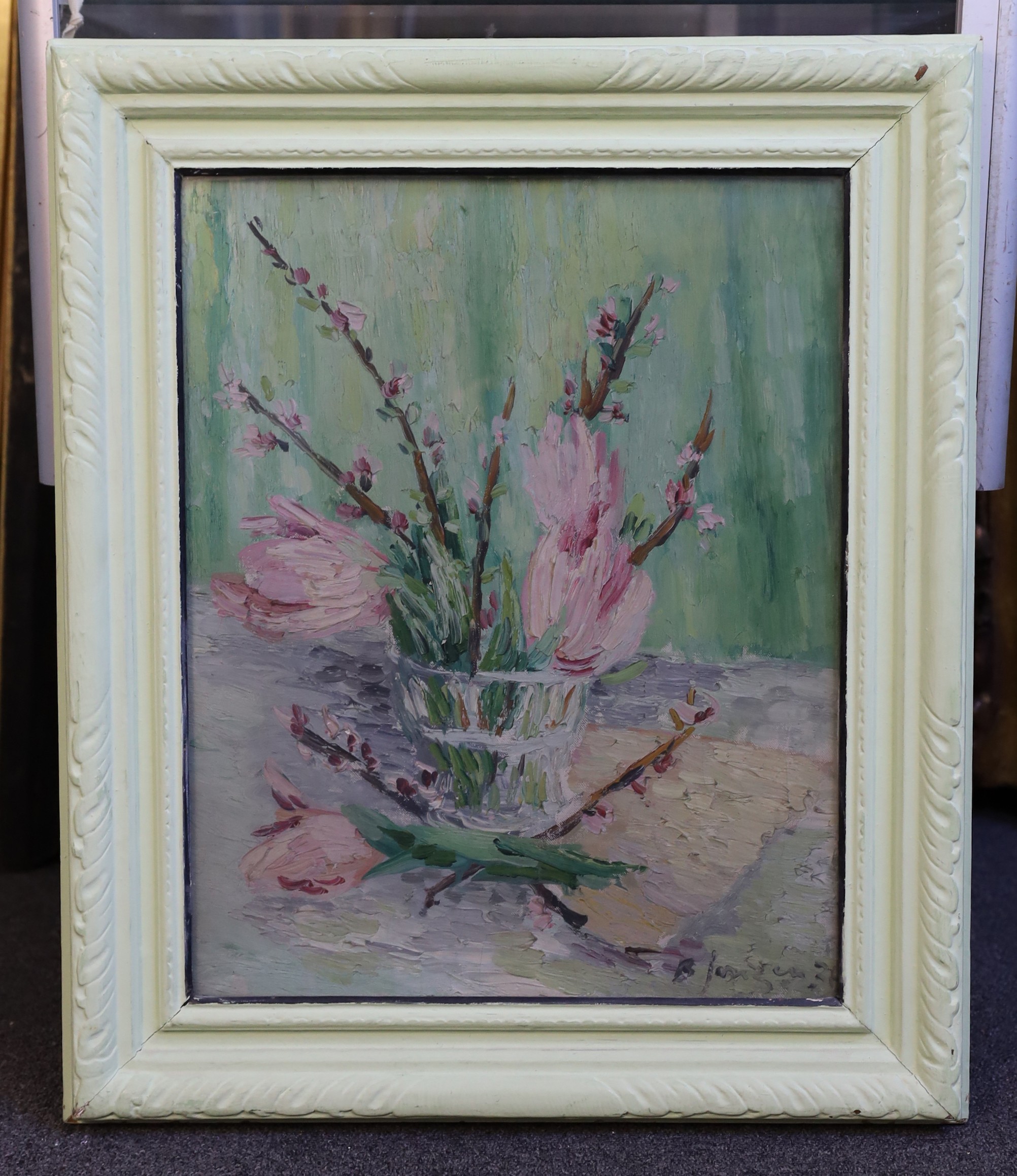 Basil Jonzen (British, 1913-1967), Still life of Magnolia blossom in a glass vase, oil on canvas, 51 x 40.5cm